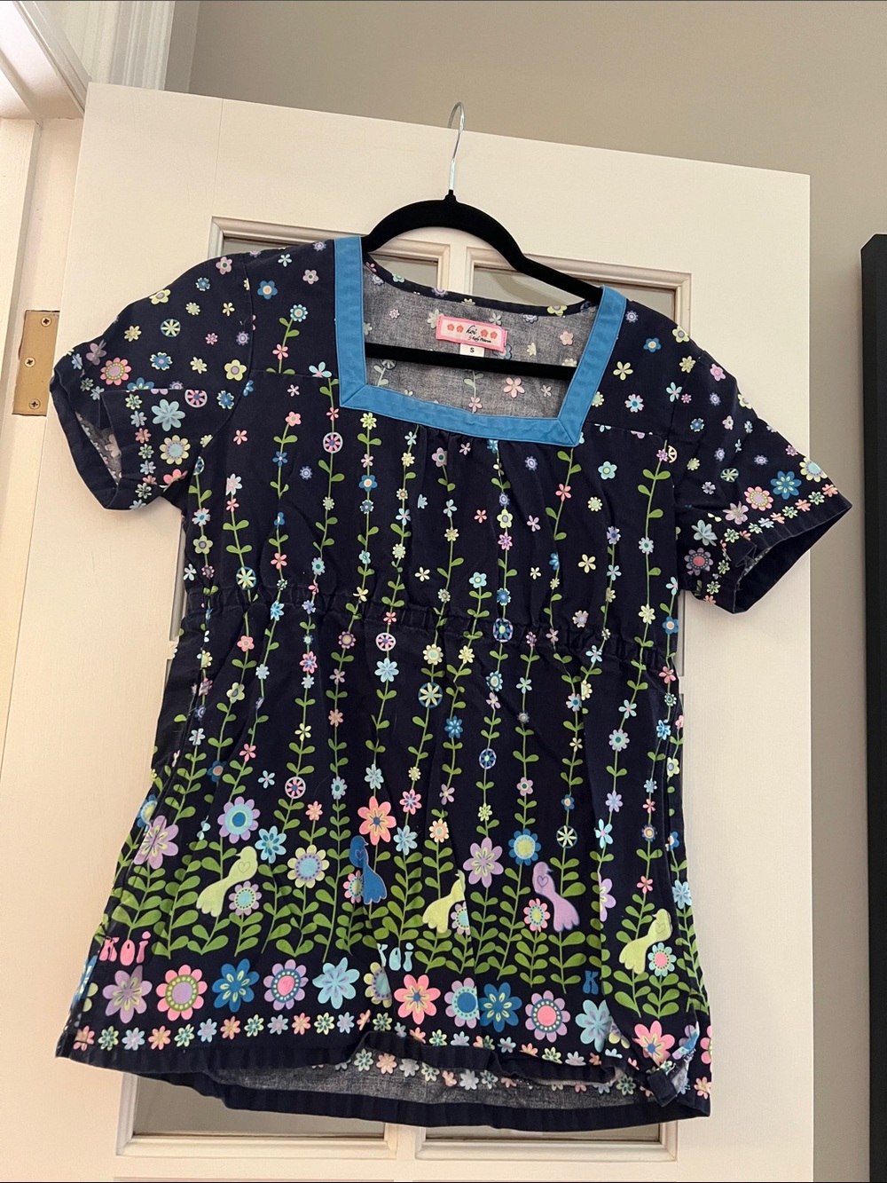 Koi Navy Floral Square-Neck Scrub Top with Blue Trim Side Pockets